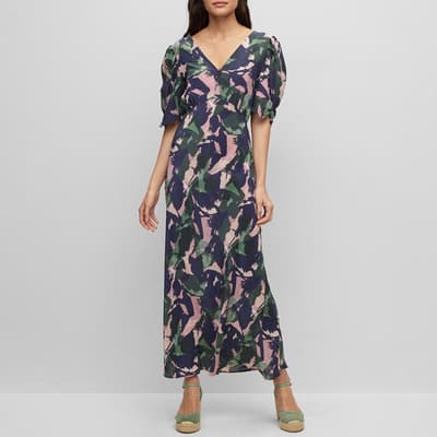 Navy/Multi Miscellaneous Silk Blend Midi Dress