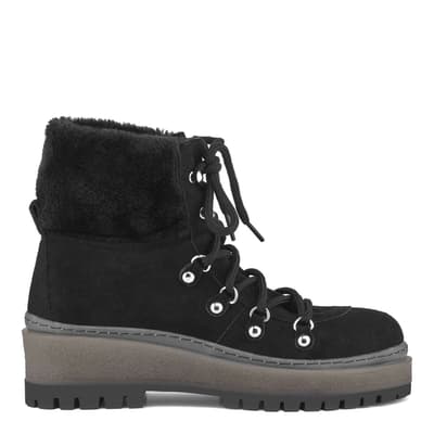 Black Suede Faux Fur Chunky Ankle Boots