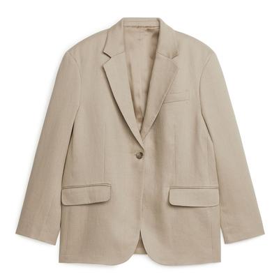 Beige Textured Linen Blend Blazer