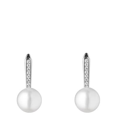 White and Silver Cubic Zirconia Pearl Earrings 9-9.5mm