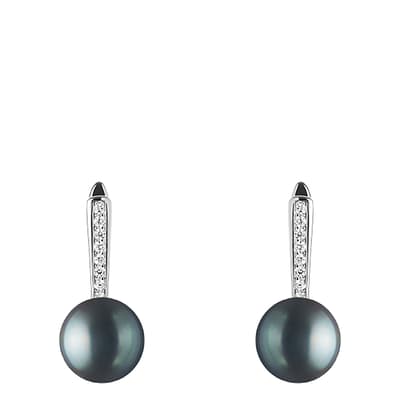 Black and Silver Cubic Zirconia Pearl Earrings 9-9.5mm