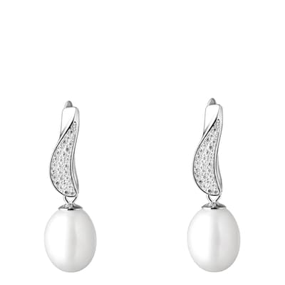 White and Silver Cubic Zirconia Pearl Earrings 	8-8.5mm