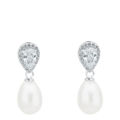 White and Silver Pearl Drop Earrings 	4-4.5mm