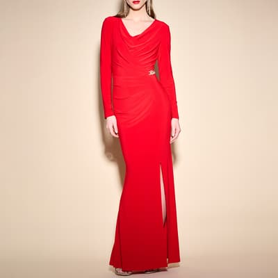 Red Drape Buckle Detail Gown