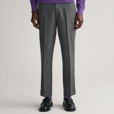 Grey Tapered Herringbone Wool Blend Trousers