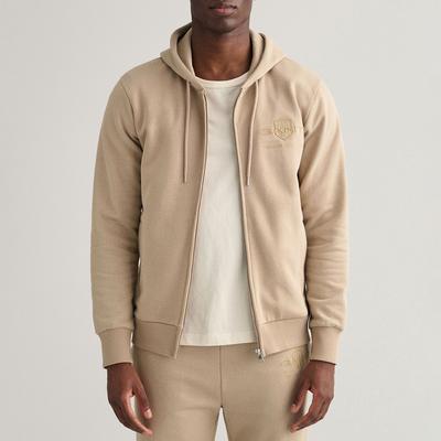 Beige Tonal Shield Zip Cotton Hoodie