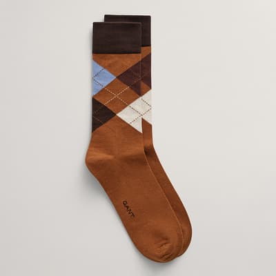 Brown Argyle Pattern Cotton Blend Socks