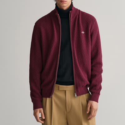 Burgundy Textured Cotton Zipped Cardigan