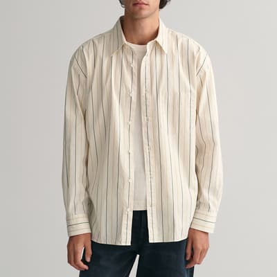 Ecru Compact Poplin Stripe Cotton Shirt