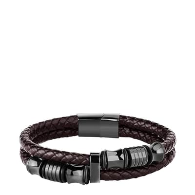 Black Plated Brown Leather Double Row Bracelet