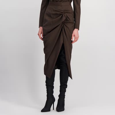 Brown Ruched Panther Wool Midi Skirt