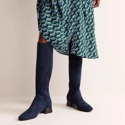 Navy Cara Flat Leather Knee Boots