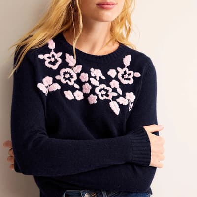 Navy Embroidered Wool Blend Jumper