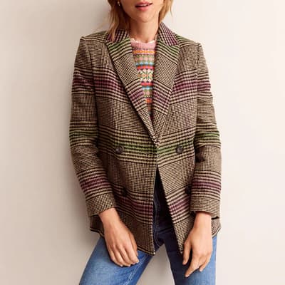 Brown Checked Wool Blend Coat