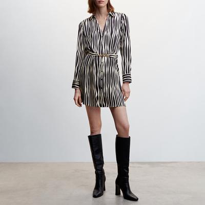 Black Belted Striped Shirt Dress