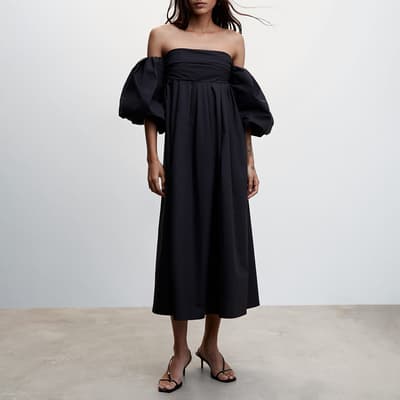 Black Puffed Sleeves Midi Dress