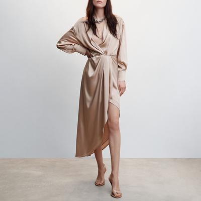 Beige Side-Slit Satin Dress