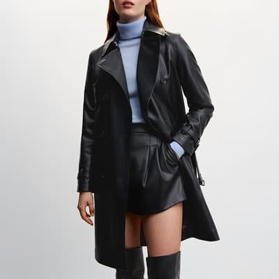 Black Leather-Effect Trench Coat