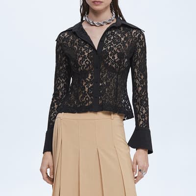 Black Lace Blouse With Flared Sleeves