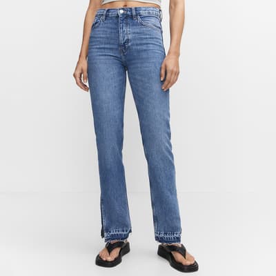 Medium Blue High-Rise Straight Jeans With Slits