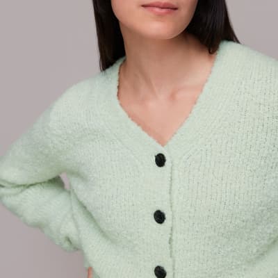 Green Cropped Boucle Wool Blend Cardigan