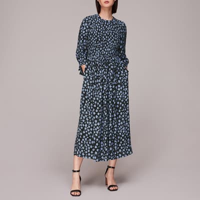 Blue Dalmatian Shirred Midi Dress