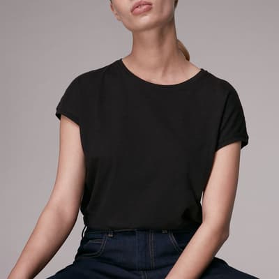 Black Minimal Cap Sleeve Wool Blend T-Shirt