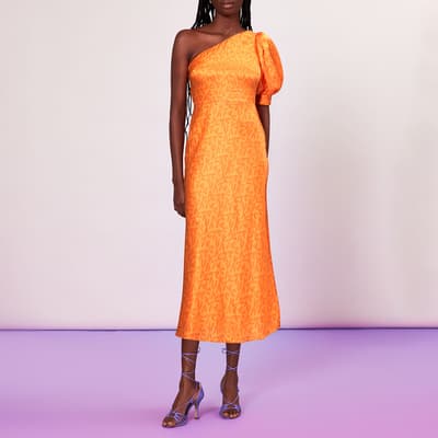 Orange One Shoulder Silk Blend Dress