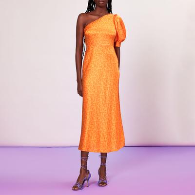 Orange One Shoulder Silk Blend Dress