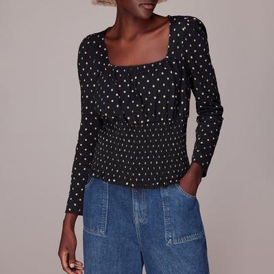 Black Spot Square Neck Shirred Cotton Top