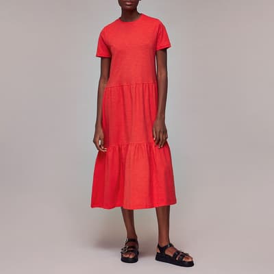 Red Tiered Jersey Cotton Midi Dress