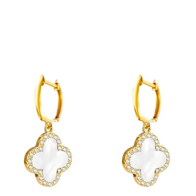 18K Gold White Clover Cz Drop Earrings