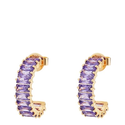 Gold Emerald Cut Hoops with Purple Stones