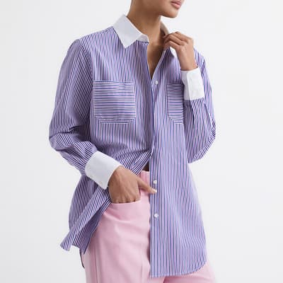 Purple Grace Contrast Collar Stripe Cotton Shirt