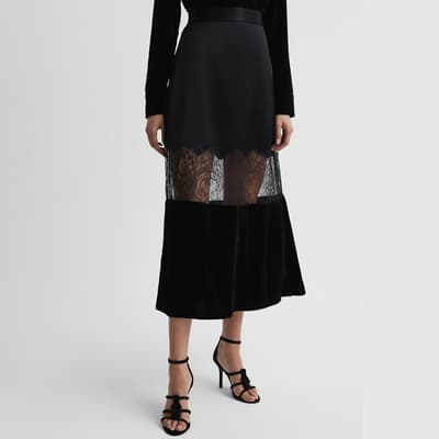 Black Tilly Lace Panel Midi Skirt
