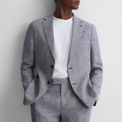 Navy Squad Dogtooth Single Breasted Linen Blazer
