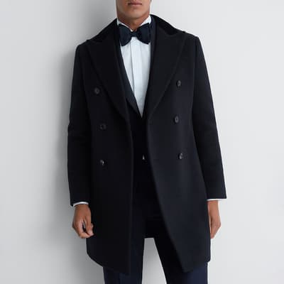 Navy Waffle Double Breasted Wool Blend Coat