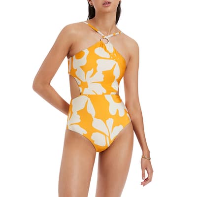 Yellow Emporio Highneck Trim One Piece Swimsuit