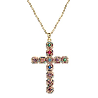18K Gold Multi Color Gemstone Cross Necklace