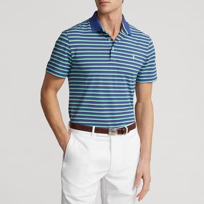 Navy Stripe Pique Cotton Blend Polo Shirt