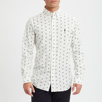 White Poplin Printed Stretch Cotton Blend Shirt