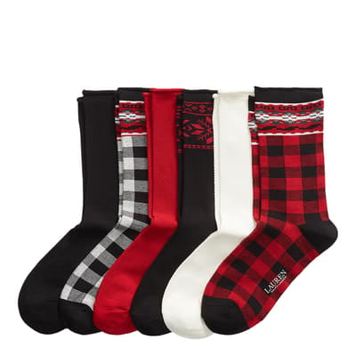 Red Multi 6 Pack Printed Socks