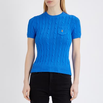 Blue Cable Knit Cotton Short Sleeve Jumper