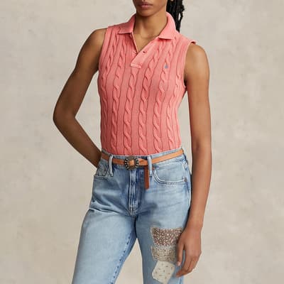 Pink Cable Knit Sleeveless Polo Shirt