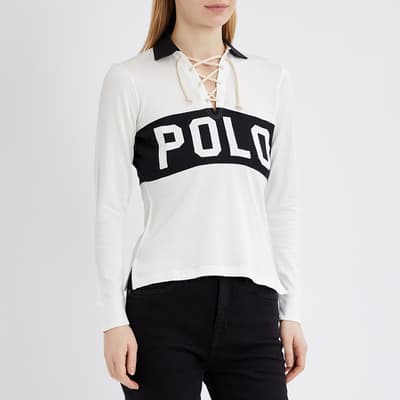 White Lace Detail Cotton Blend Polo Shirt