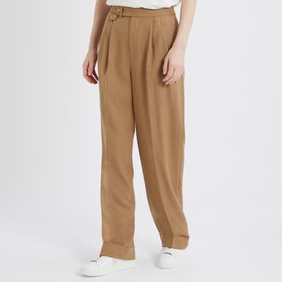 Tan Pleated Straight Wool Trousers