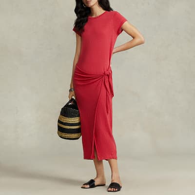 Red Tie Waist Linen Midi Dress