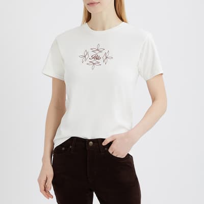 Ecru Embroidered Logo Cotton T-Shirt