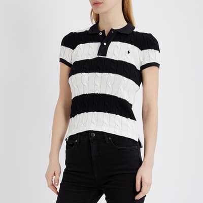 Black Cable Knit Cotton Polo Shirt