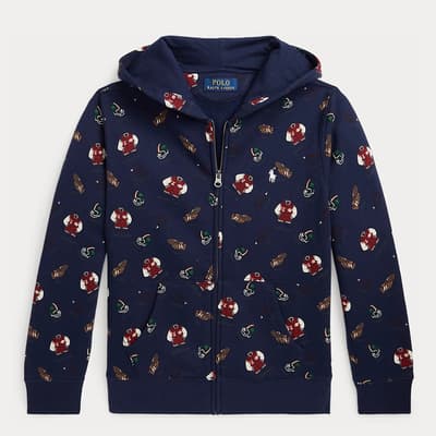 Older Boy's Navy All Over Print Cotton Blend Zipped Hoodie